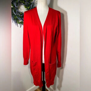 Folunsi, L, Red long length pocketed long sleeve, light weight, open Cardigan.